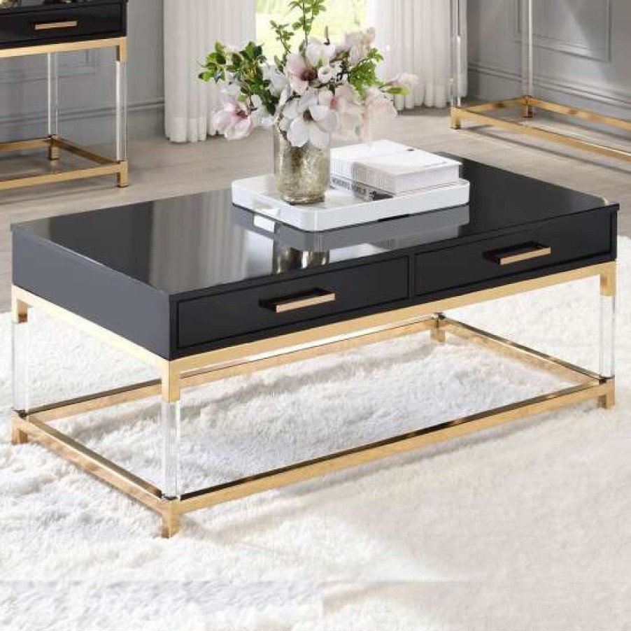 Furniture * | Brand New Simple Relax 2 Drawers Wood Coffee Table With Metal Base In Black And Gold