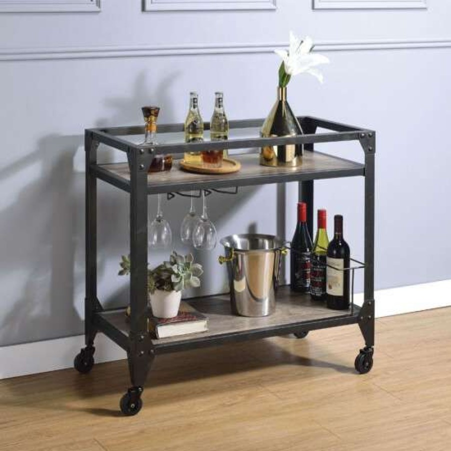 Kitchen & Dining * | Discount Simple Relax Wood Serving Cart With 2 Shelves In Rustic Oak And Charcoal