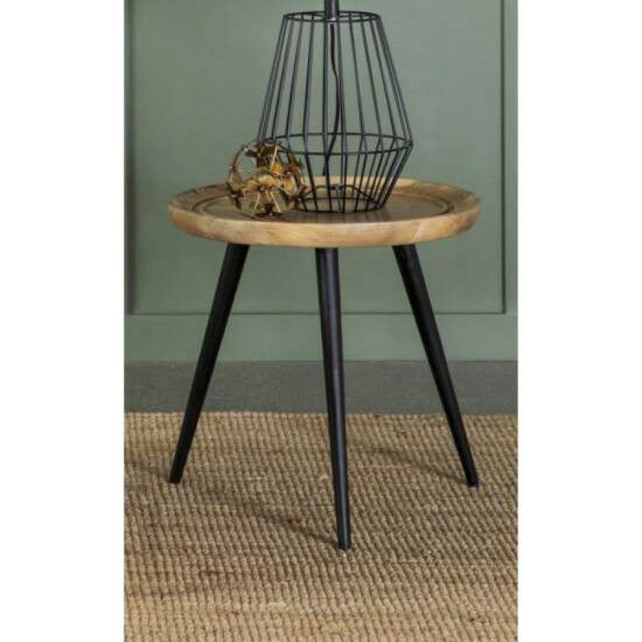 Furniture * | Best Pirce Simple Relax Round Wood End Table With Metal Base In Black And Natural