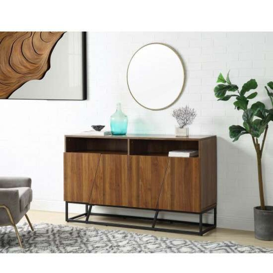 Furniture * | Coupon Simple Relax 2 Open Compartments And 4 Doors Console Table In Walnut And Black Finish