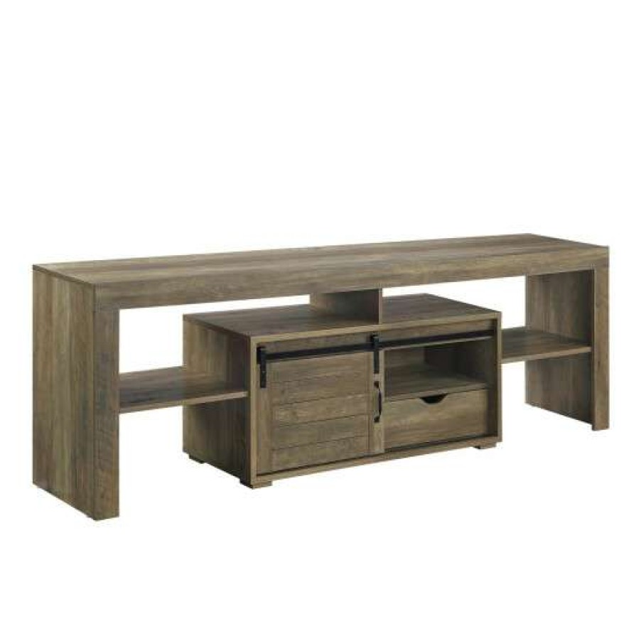 Furniture * | Cheapest Simple Relax Wood Tv Stand With Open Storage Compartments In Rustic Oak