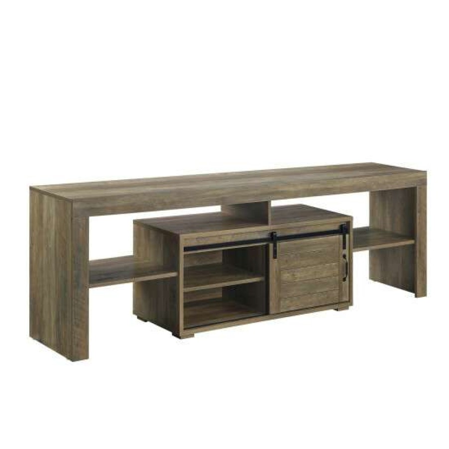 Furniture * | Cheapest Simple Relax Wood Tv Stand With Open Storage Compartments In Rustic Oak