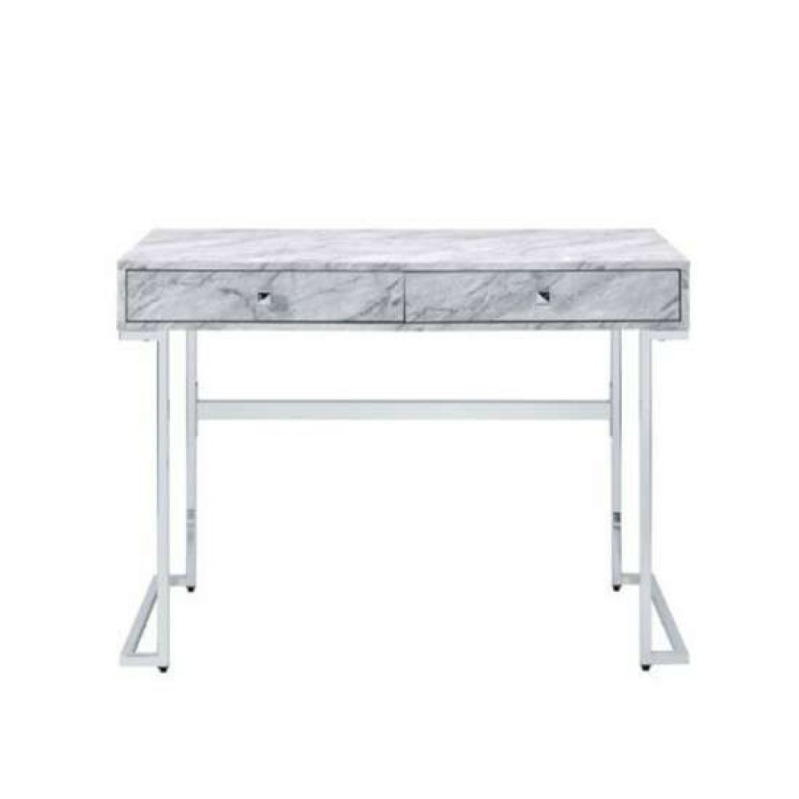 Furniture * | Best Deal Simple Relax White Printed Faux Marble Writing Desk In Chrome Finish