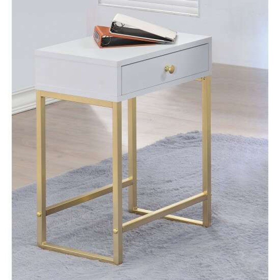 Furniture * | Brand New Simple Relax Side Table With 1 Drawer In White And Brass