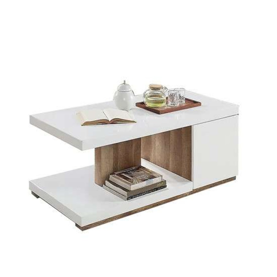 Furniture * | Best Sale Simple Relax Wooden Coffee Table With A Door In White And Natural Tone