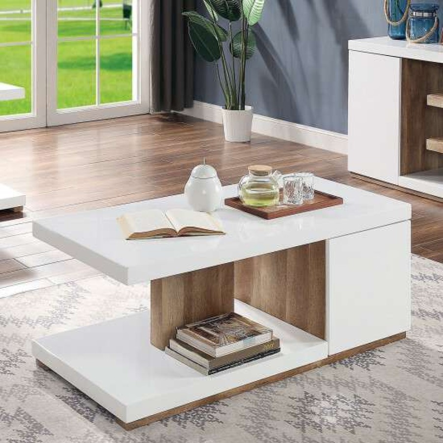 Furniture * | Best Sale Simple Relax Wooden Coffee Table With A Door In White And Natural Tone