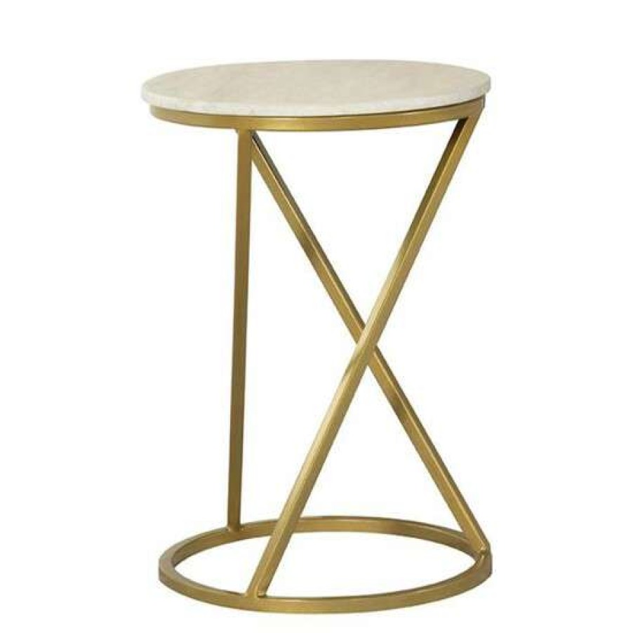 Furniture * | Discount Simple Relax Round Accent Table With Marble Top In White And Gold