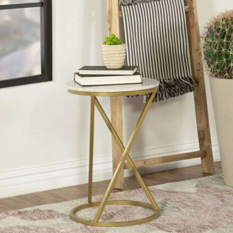 Furniture * | Discount Simple Relax Round Accent Table With Marble Top In White And Gold