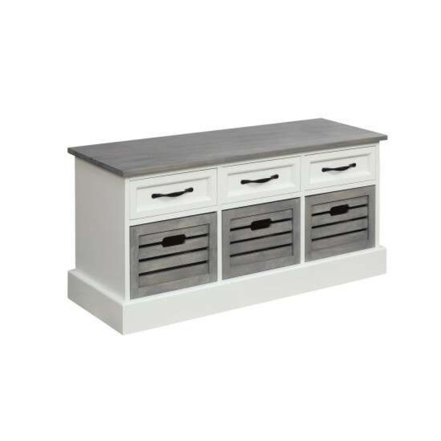 Furniture * | Outlet Simple Relax Wood Storage Bench, White And Weathered Gray