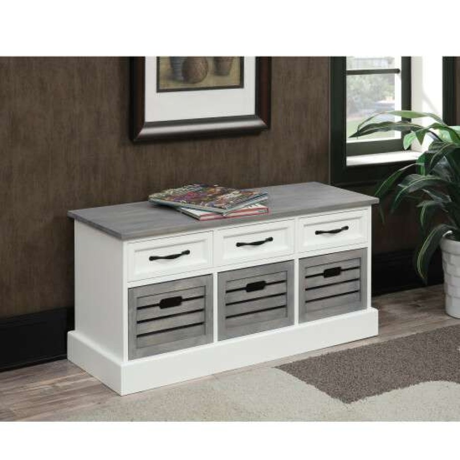 Furniture * | Outlet Simple Relax Wood Storage Bench, White And Weathered Gray