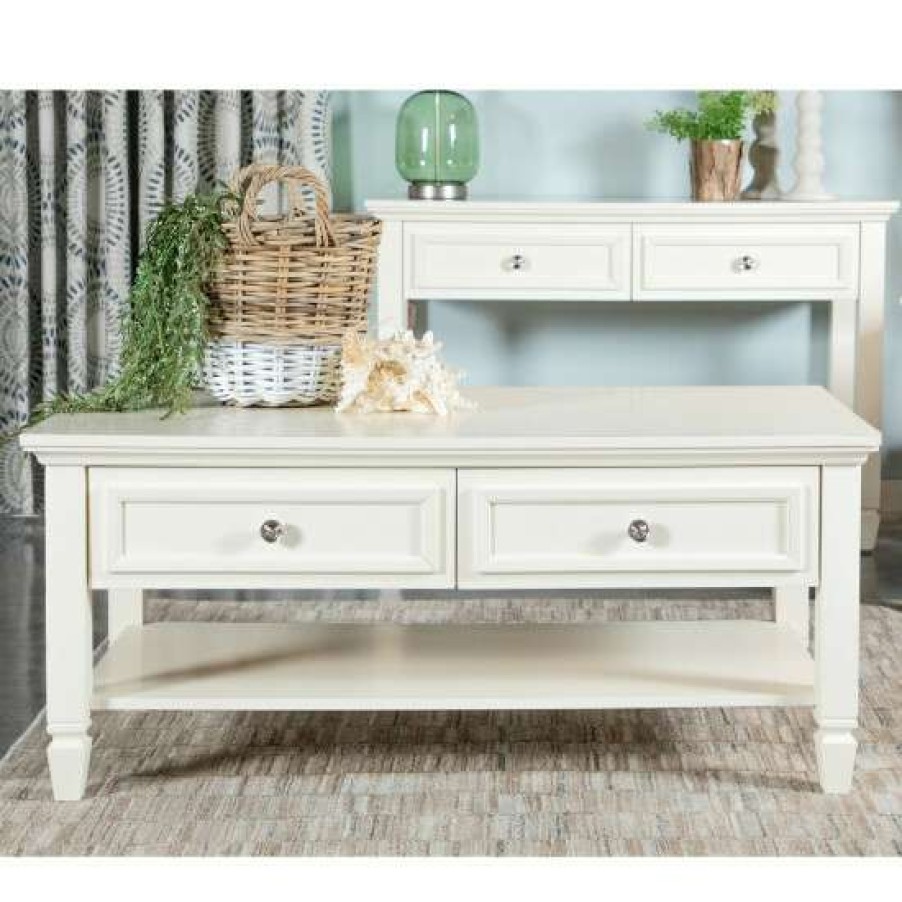 Furniture * | Coupon Simple Relax 2 Drawers And 1 Shelf Coffee Table In White And Brushed Nickel