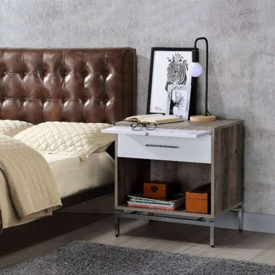 Furniture * | Cheap Simple Relax 1 Drawer Nightstand With A Hidden Tray And Open Shelf In Gray Oak