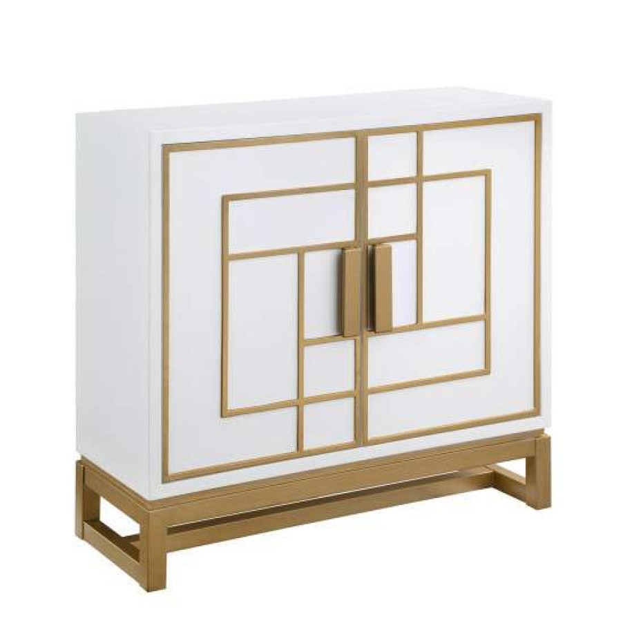 Furniture * | New Simple Relax 2 Doors Accent Cabinet With Metal Base In White And Gold