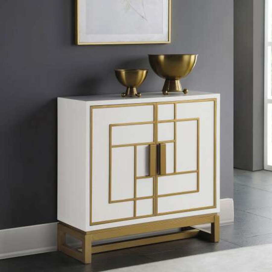 Furniture * | New Simple Relax 2 Doors Accent Cabinet With Metal Base In White And Gold