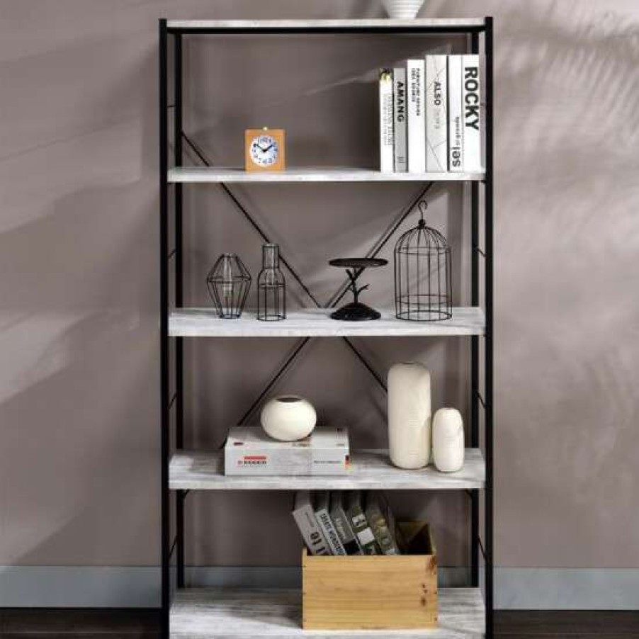 Furniture * | Promo Simple Relax 5 Tier Shelf Bookshelf In Antique White And Black Finish