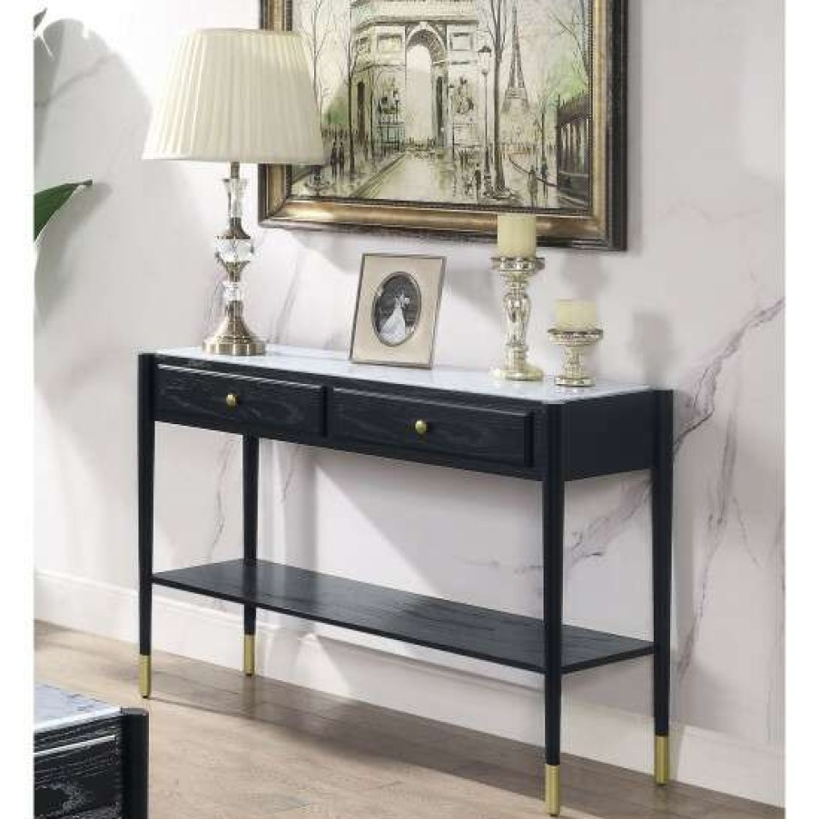 Furniture * | Discount Simple Relax 2 Drawers Black Sofa Table With Marble Top Design