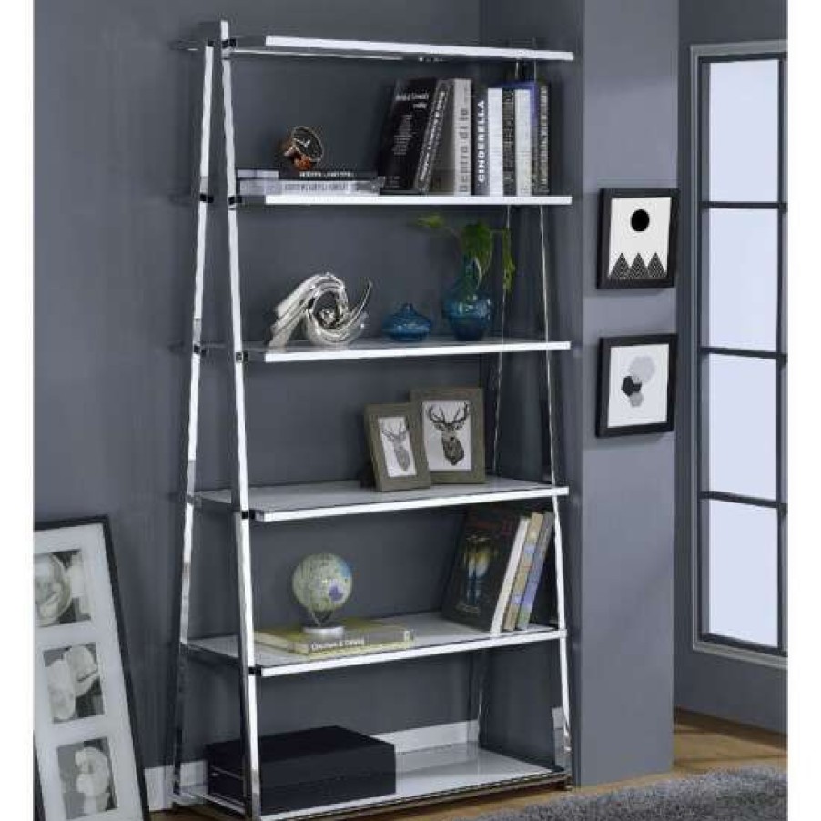 Furniture * | Best Reviews Of Simple Relax 6 Fixed Shelves Bookshelf In High Gloss White And Chrome