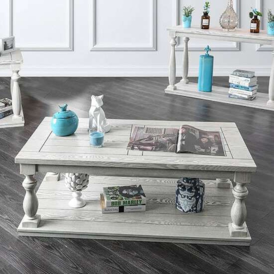 Furniture * | Top 10 Simple Relax Wooden Coffee Table With Bottom Shelf In Antique White Finish