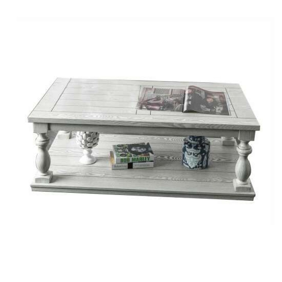 Furniture * | Top 10 Simple Relax Wooden Coffee Table With Bottom Shelf In Antique White Finish