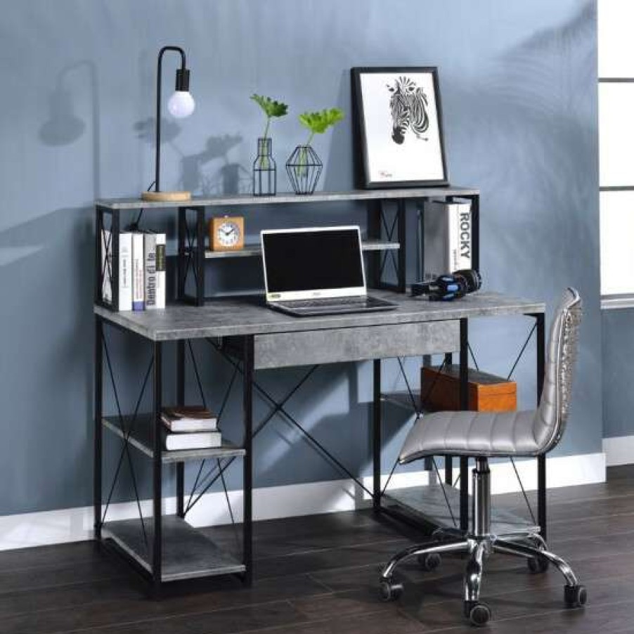 Furniture * | Hot Sale Simple Relax Wooden Writing Desk With Open Shelves In Faux Concrete