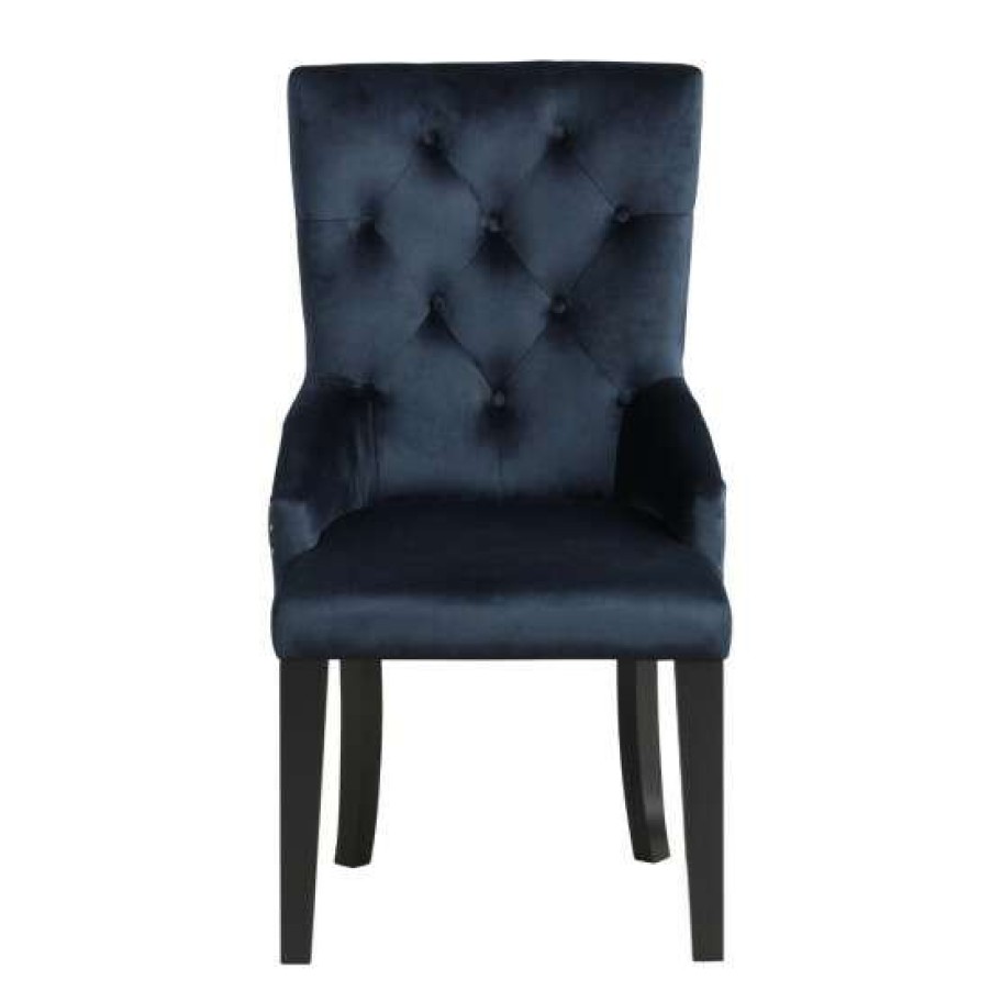 Furniture * | Best Deal Simple Relax Buttom Tufted Velvet Dining Chair In Blue And Black Finish