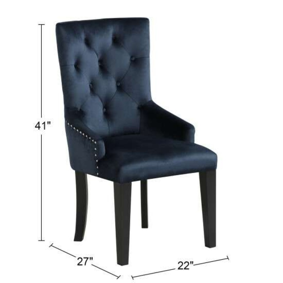 Furniture * | Best Deal Simple Relax Buttom Tufted Velvet Dining Chair In Blue And Black Finish