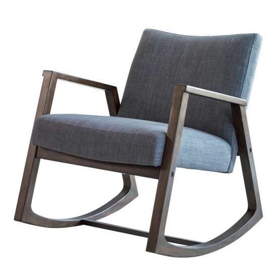 Furniture * | Outlet Simple Relax Upholstered Rocking Chair With Wooden Arm In Dark Grey And Walnut