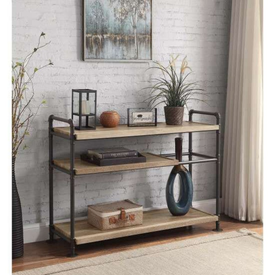 Furniture * | Best Sale Simple Relax 3 Tier Wood Bookshelf With Metal Frame In Oak And Sandy Black