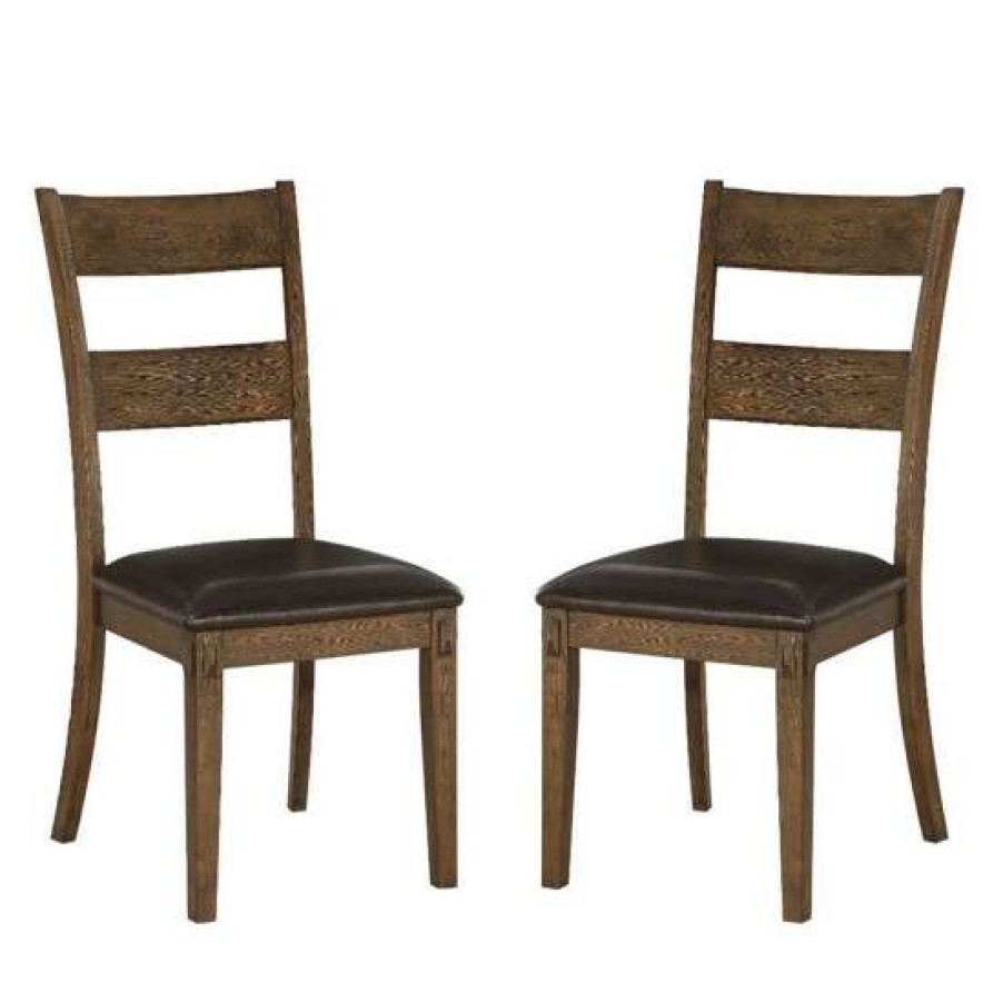 Furniture * | Buy Simple Relax Set Of 2 Brown Pu Side Chair In Brown And Dark Oak