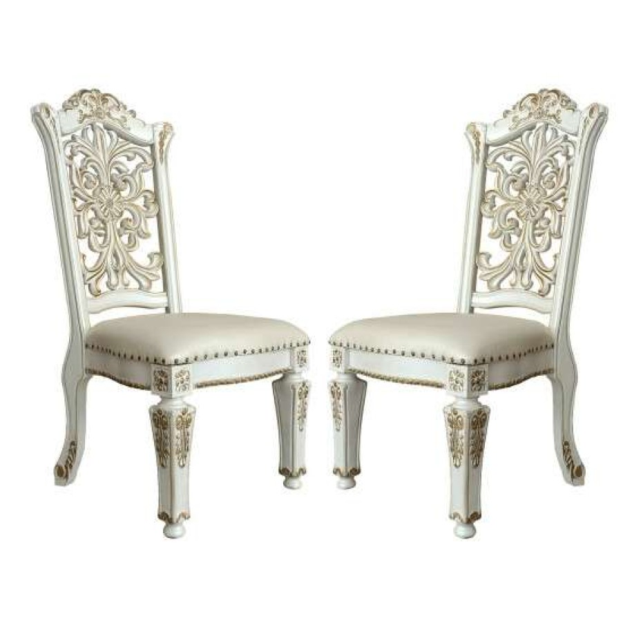 Furniture * | Best Deal Simple Relax Set Of 2 Dining Side Chair With Pu Padded Seat In Antique Pearl Finish