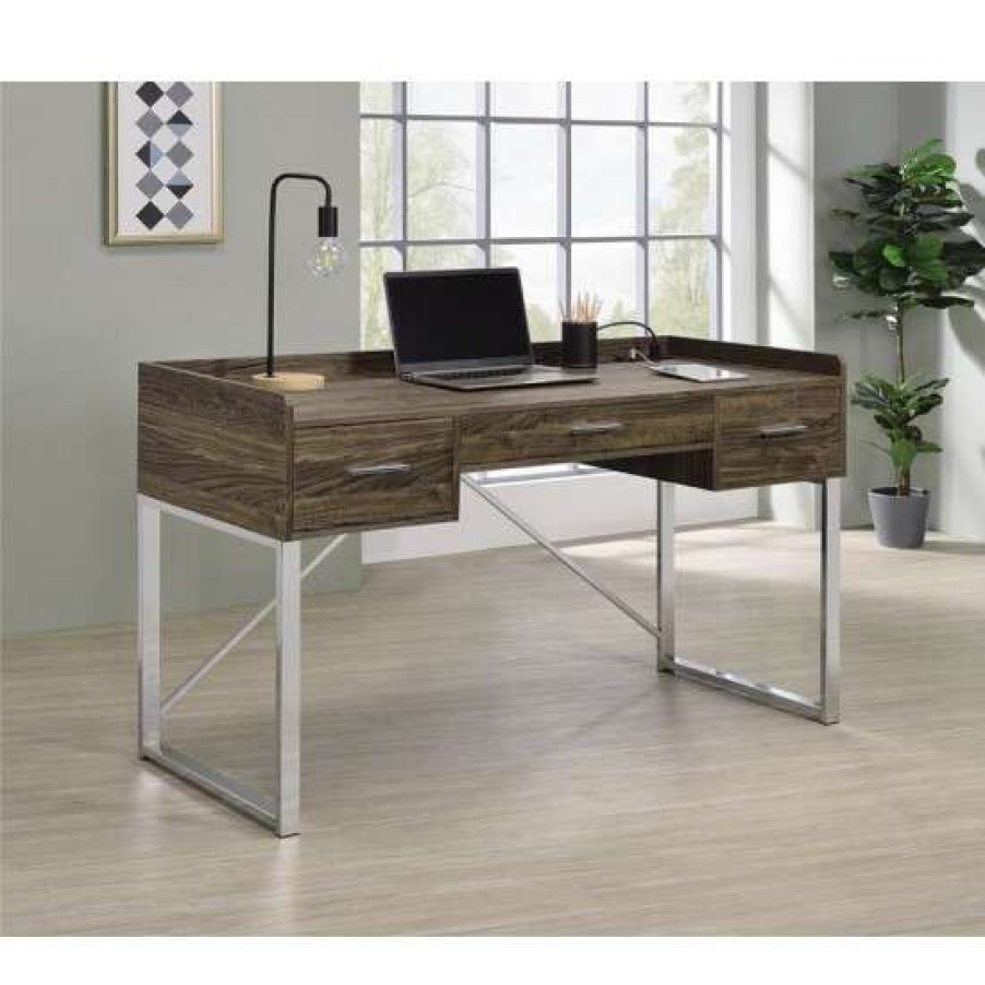 Furniture * | Best Reviews Of Simple Relax 3 Drawers Writing Desk With Metal Base In Walnut And Chrome