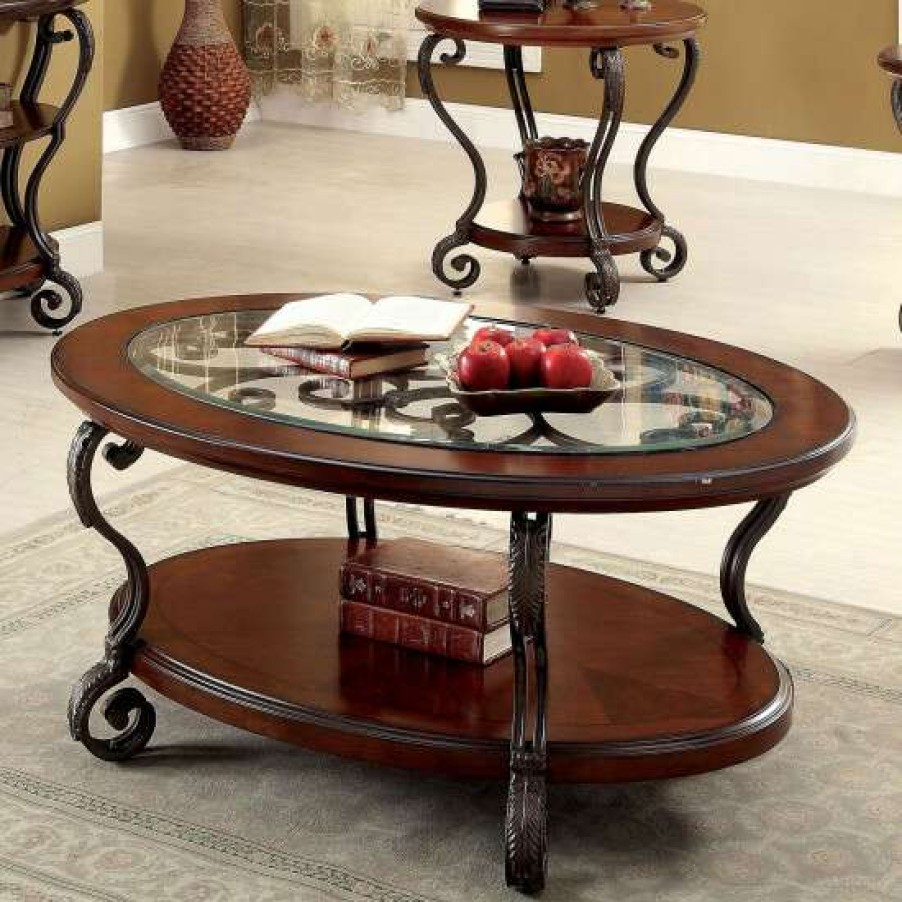 Furniture * | Discount Simple Relax Wooden Coffee Table With Metal Frame In Brown Cherry Finish