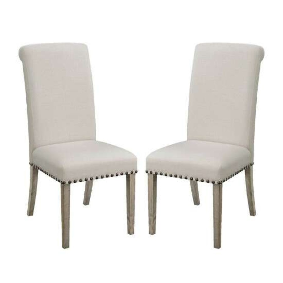 Furniture * | Discount Simple Relax Set Of 2 Dining Chairs With Nailhead Trim In Beige And Pine