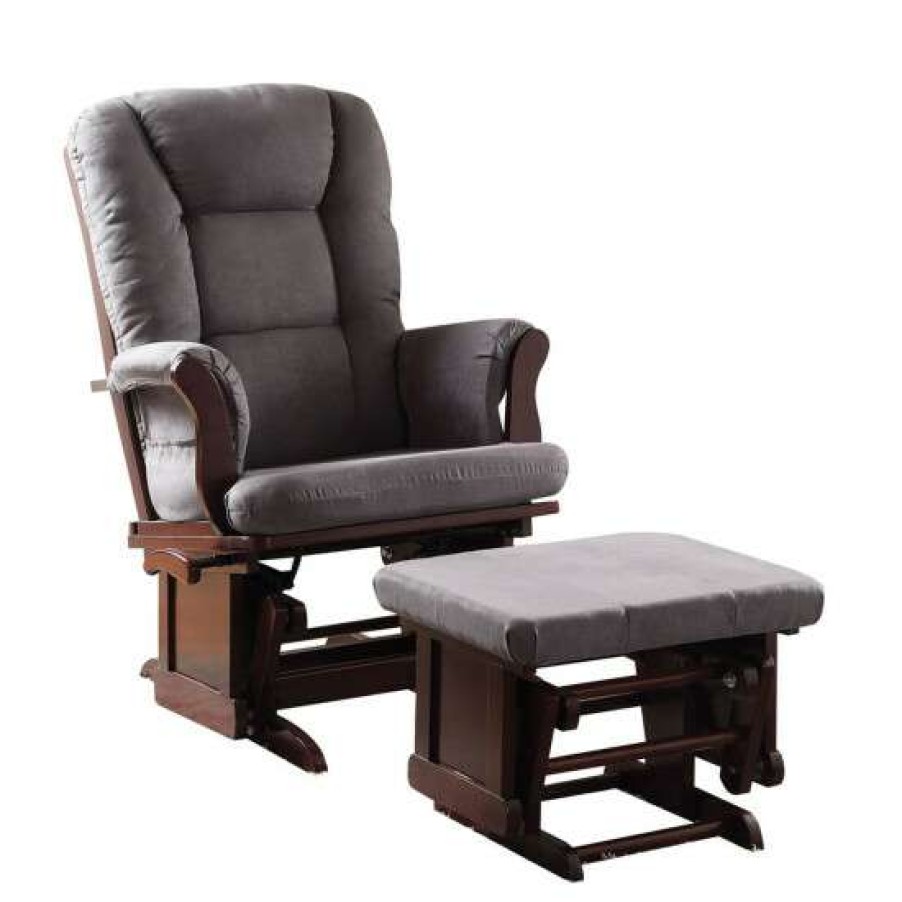 Furniture * | Best Sale Simple Relax Gray Microfiber Glider Chair And Ottoman In Cherry Finish