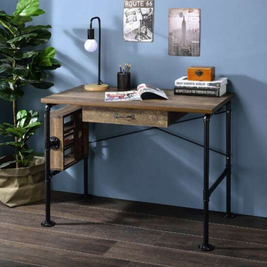 Furniture * | Cheap Simple Relax Metal Frame Writing Desk In Weathered Oak And Black