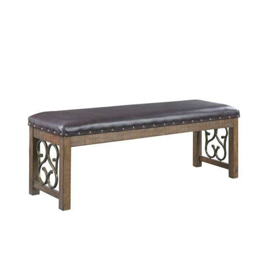 Furniture * | Cheapest Simple Relax Pu Upholstered Bench With Metal Trim In Black And Weathered Cherry Finish