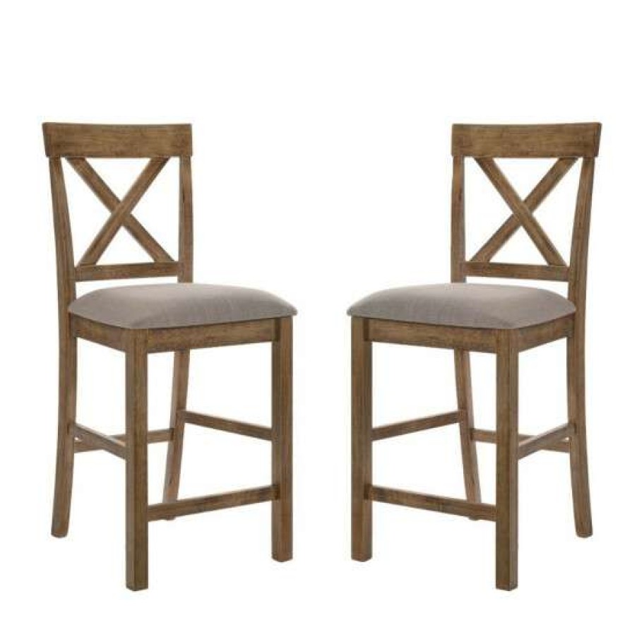 Furniture * | Discount Simple Relax Set Of 2 Counter Height Chair In Tan Linen And Weathered Oak