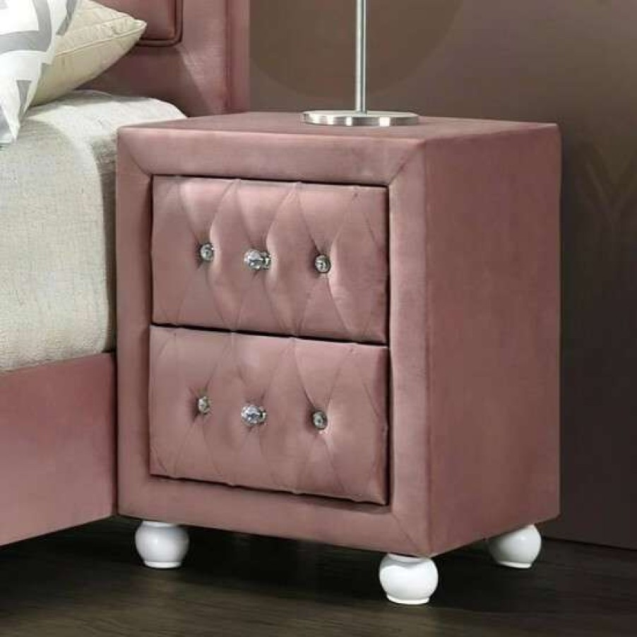 Furniture * | Budget Simple Relax 2 Drawers Fabric Upholstered Nightstand In Pink Finish