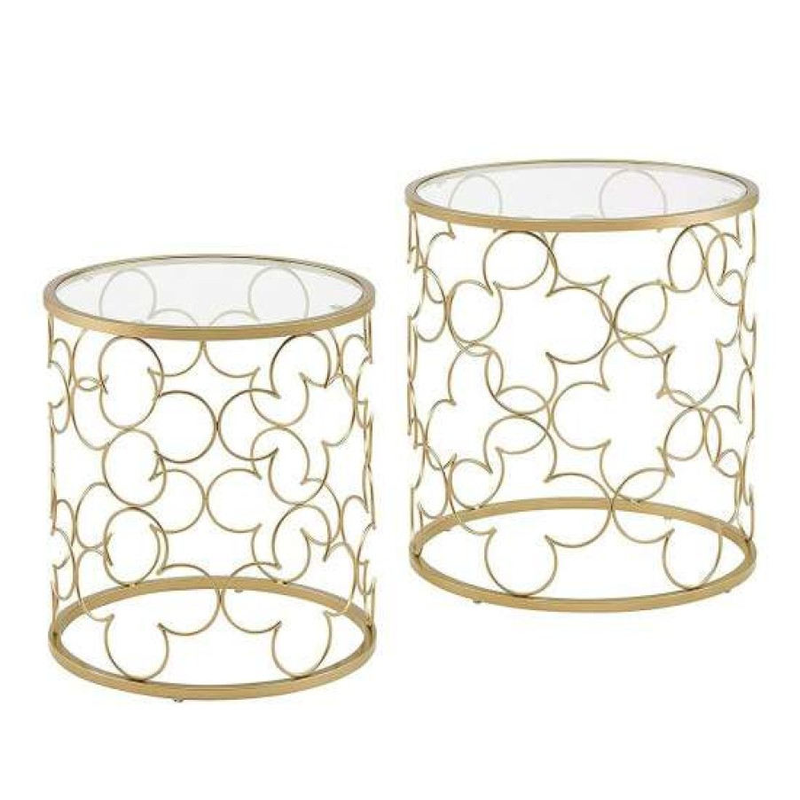 Furniture * | Hot Sale Simple Relax 2 Piece Round Glass Nesting Table Set With Metal Base In Gold Finish