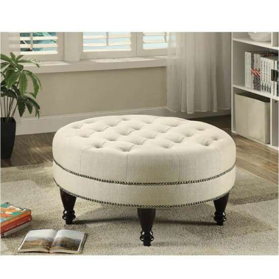 Furniture * | Discount Simple Relax Upholstered Round Cocktail Ottoman In Oatmeal