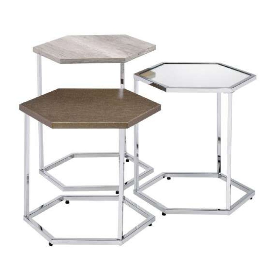 Furniture * | Discount Simple Relax 3 Piece Glass Nesting Table Set In Gray Washed