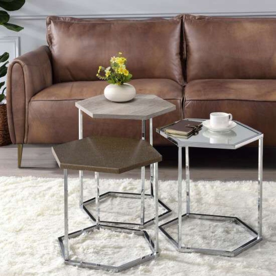 Furniture * | Discount Simple Relax 3 Piece Glass Nesting Table Set In Gray Washed