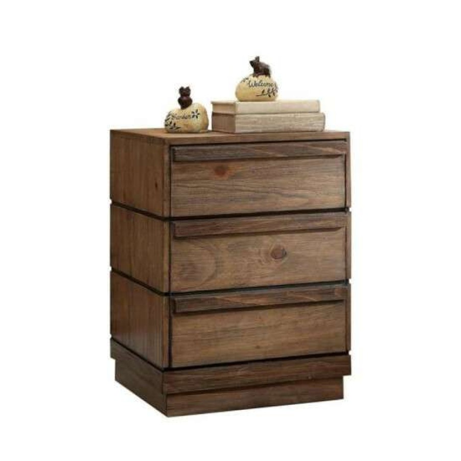 Furniture * | Buy Simple Relax 3 Drawers Nightstand With Wooden Bar Handles, Rustic Natural Tone