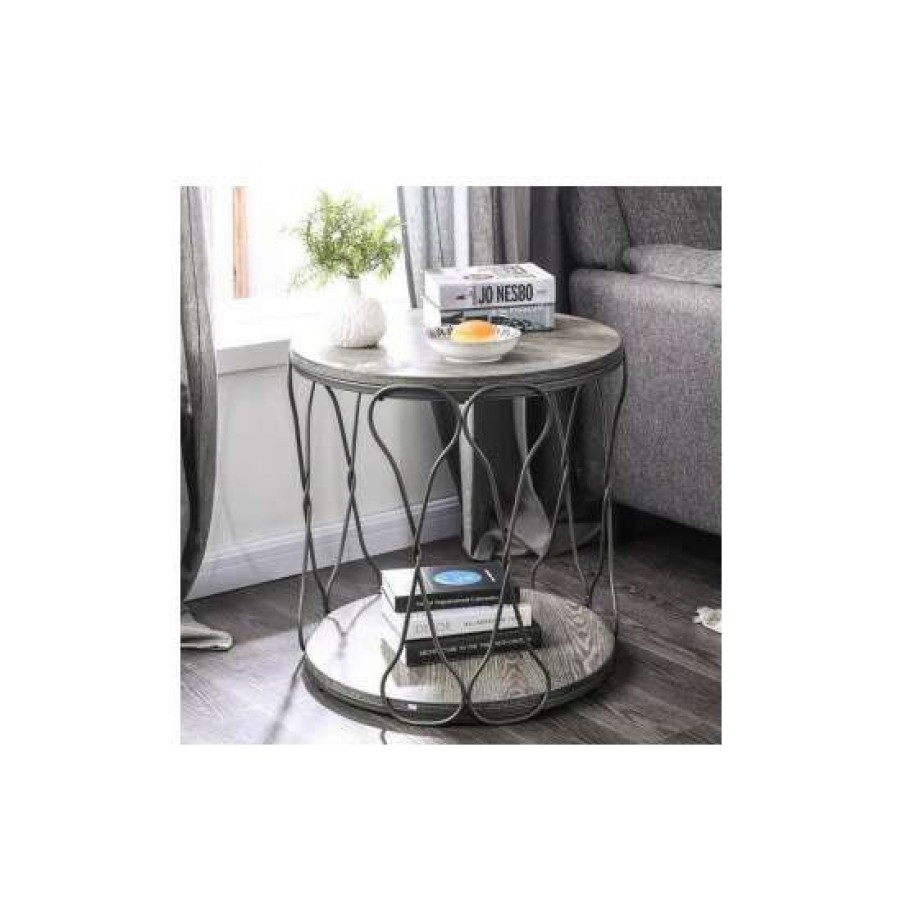 Furniture * | Buy Simple Relax Metal And Wood Round End Table With Open Bottom Shelf In Gray