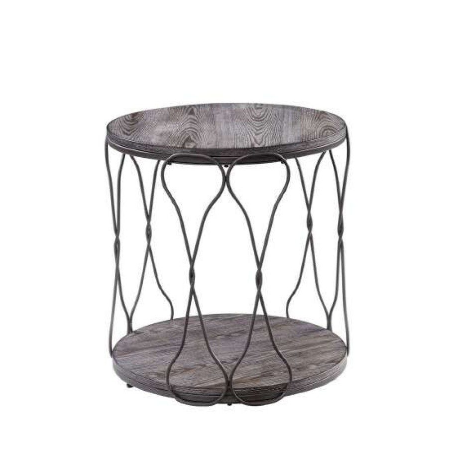 Furniture * | Buy Simple Relax Metal And Wood Round End Table With Open Bottom Shelf In Gray