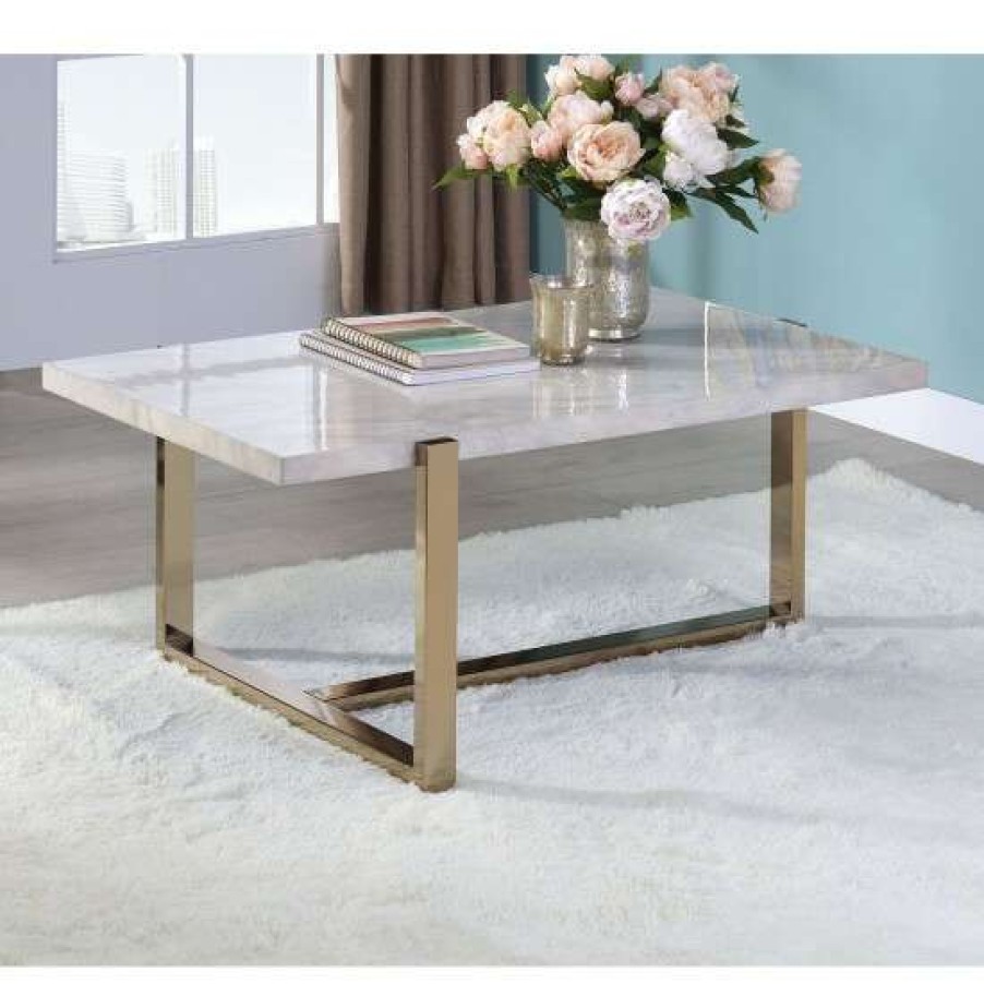 Furniture * | Cheapest Simple Relax Champagne Finish Coffee Table With Faux Marble Top