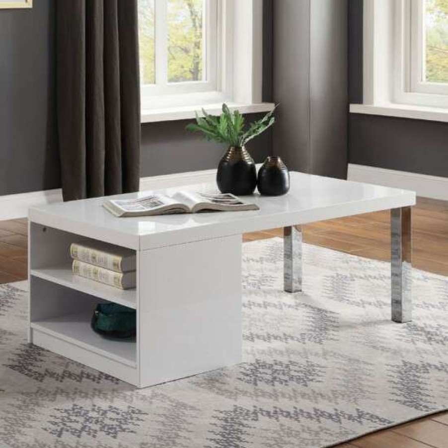 Furniture * | Outlet Simple Relax Rectangular Wood Coffee Table With 2 Open Compartments In High Gloss White And Chrome