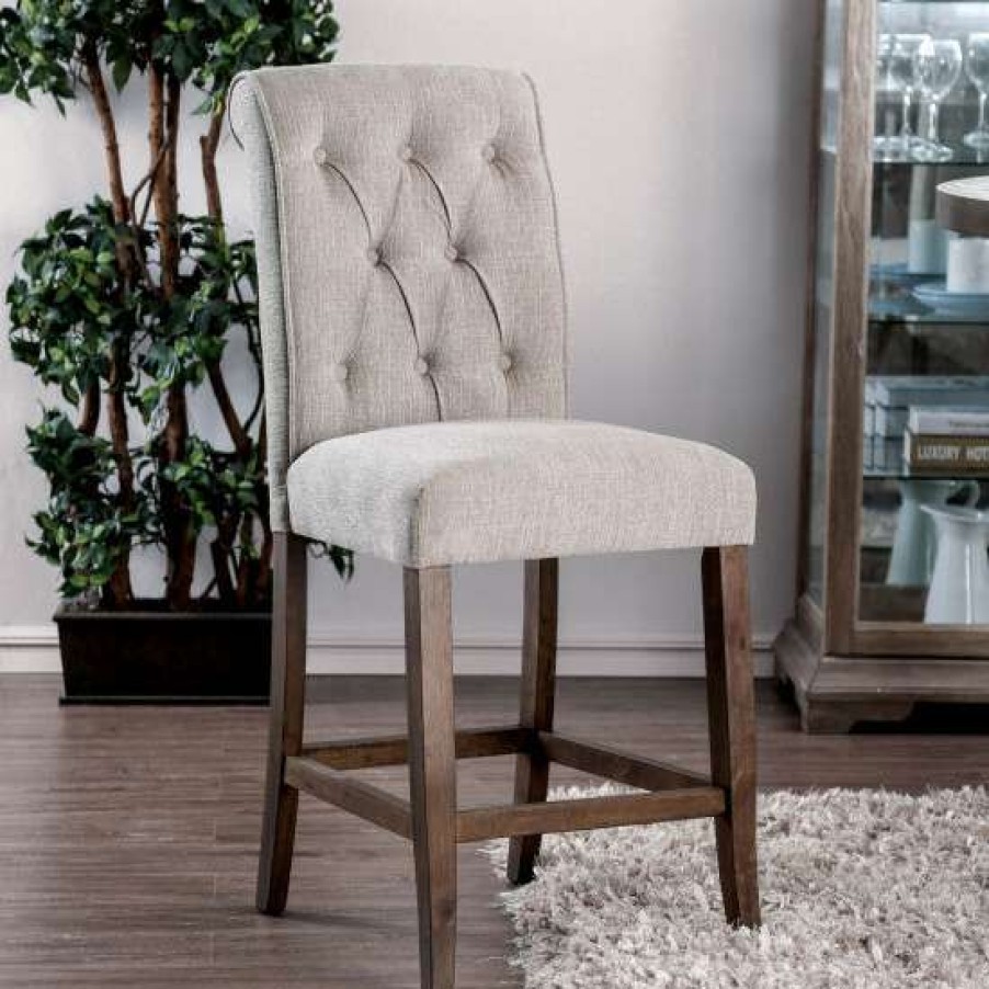 Furniture * | Coupon Simple Relax Set Of 2 Linen-Like Fabric Dining Chair In Oak And Ivory Finish Counter Height