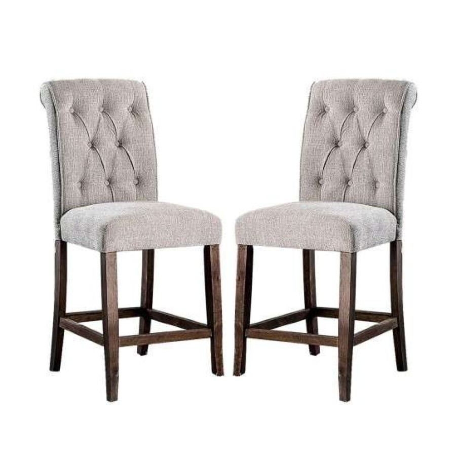 Furniture * | Coupon Simple Relax Set Of 2 Linen-Like Fabric Dining Chair In Oak And Ivory Finish Counter Height