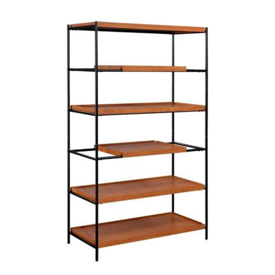 Furniture * | Deals Simple Relax Bookshelf With 5 Wooden Shelves In Honey Oak And Black